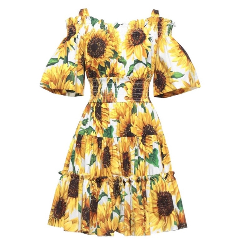 Dolce & Gabbana Yellow Sunflower Print Off-Shoulder Dress
